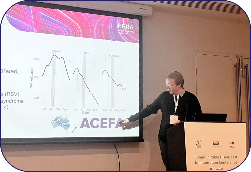 Dr Alec Henderson presenting trends in Influenza, RSV, and SARS-CoV-2 cases at the Communicable Diseases Immunisation Conference in 2025