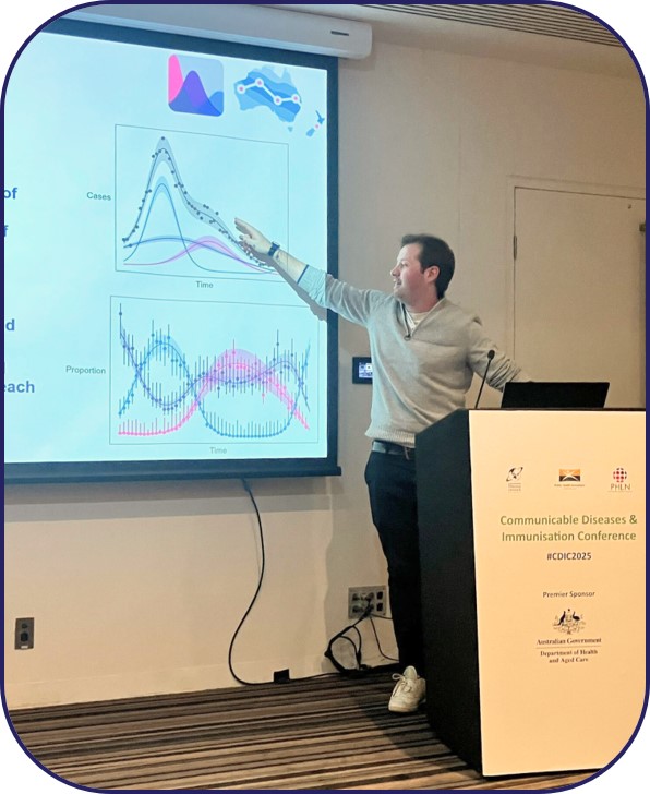 Dr Oliver Eales presenting trends in Influenza cases by sub-types at the Communicable Diseases Immunisation Conference in 2025