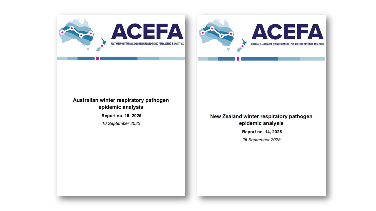 The cover of two pdf reports side by side. The report on the right is entitled Australian winter respiratory pathogen epidemic analysis. Report number 19 2025 19th of September 2025. The report on the left is entitled New Zealand winter respiratory pathogen epidemic analysis. Report number 14 2025 26th of September 2025. The word ACEFA is in blue text in the top right and the ACEFA logo is in the top left.
